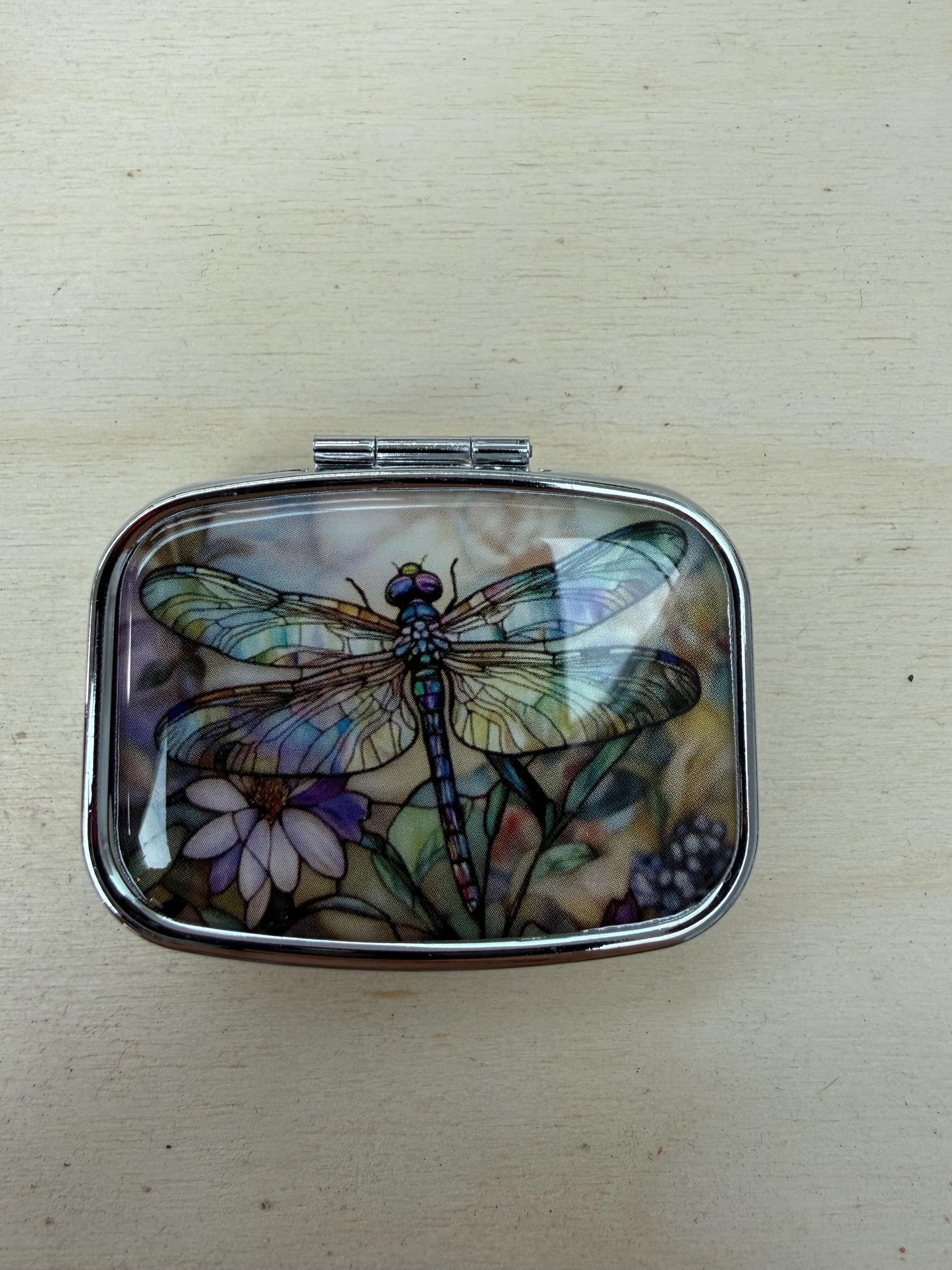 Dragonfly Pill Box with Mirror, Two Sections, Handbag Organizer