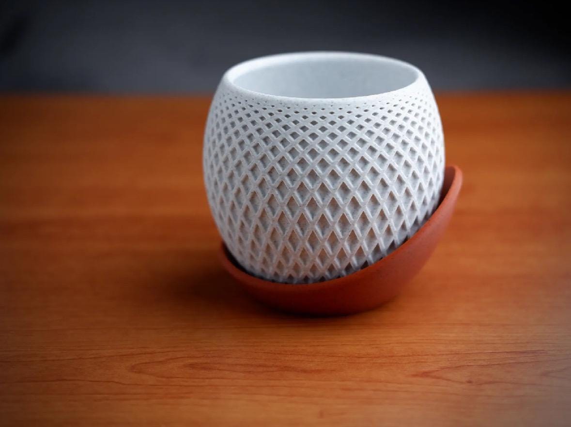 Plant pot with wrap around tray, modern minimalist 11cm, gift, home decor ornament functional