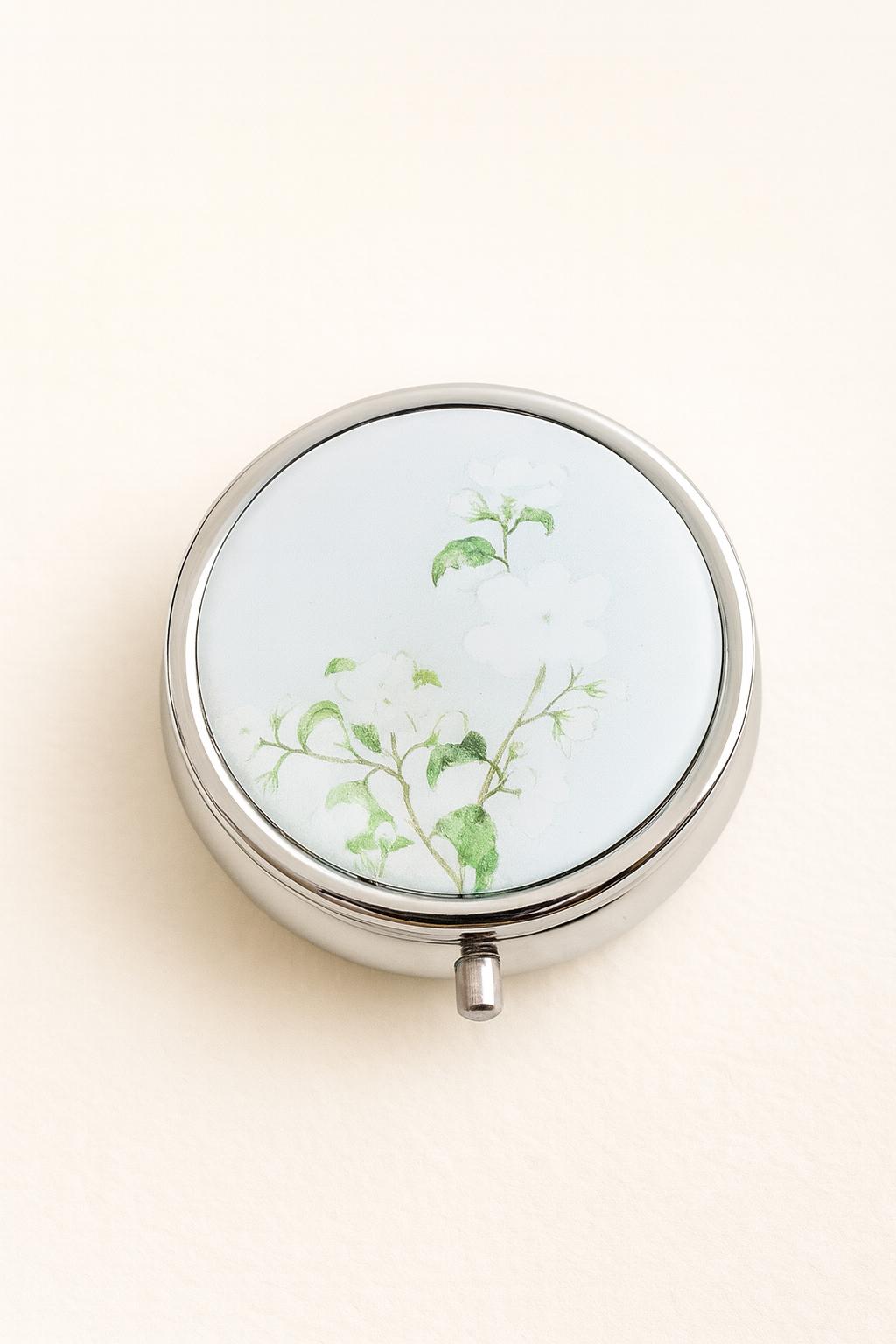 Personalized Mirrored Pill Box • Floral Design, Custom Engraved Gift