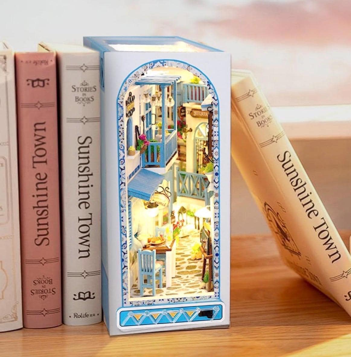 DIY Mediterranean Alley Book Nook Kit | Coastal Bookshelf Insert with LED