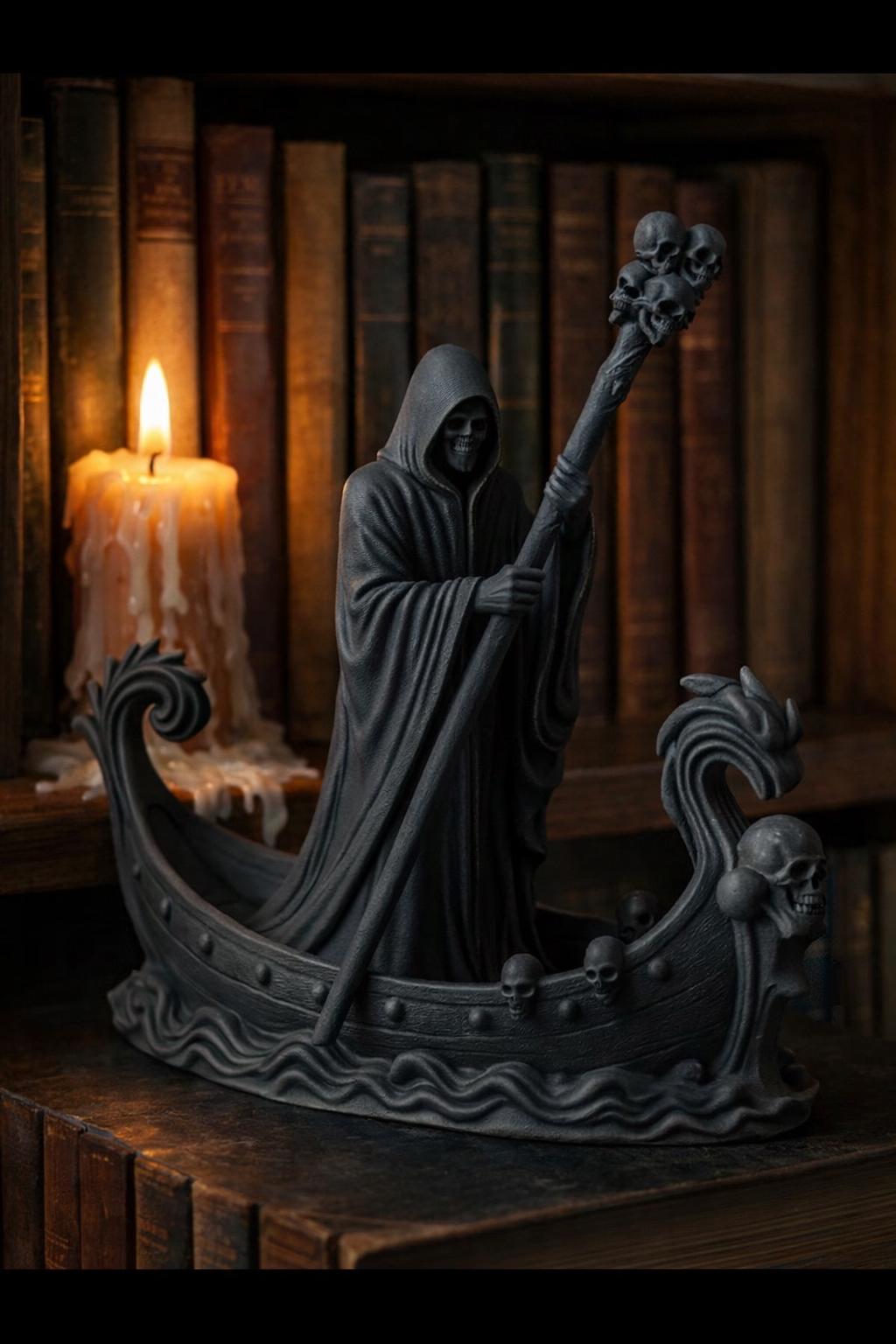 Grim Reaper Boat Figurine | Gothic Bookshelf Decor