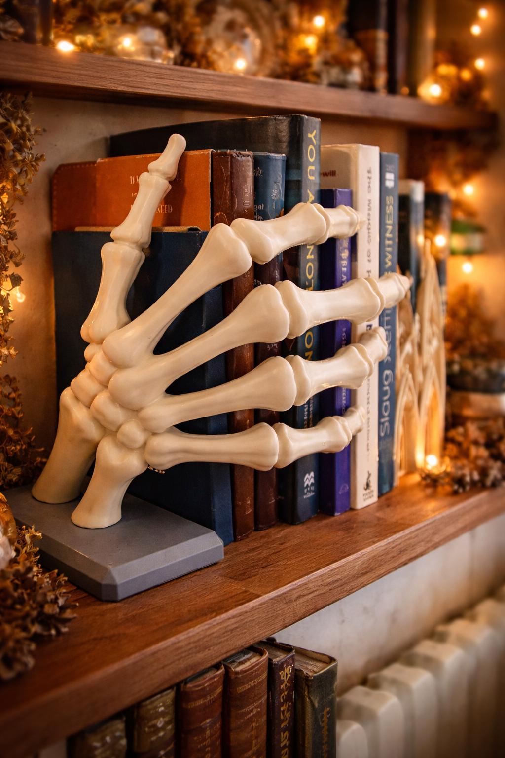Gothic Skeleton Hand Bookend – Spooky Bookshelf Decor