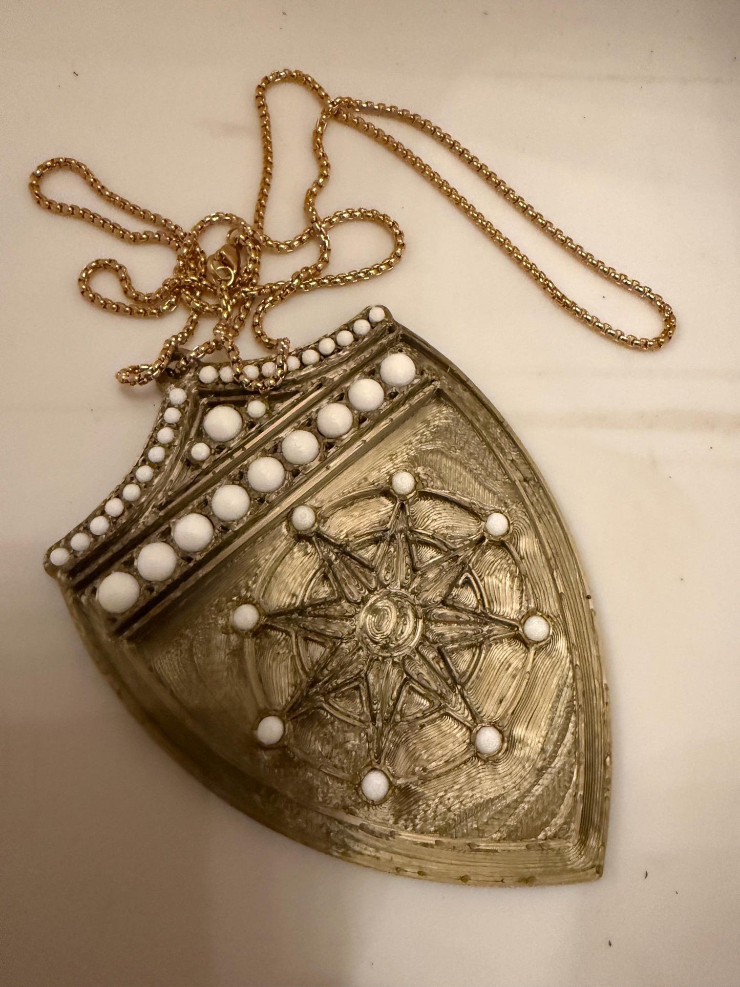 Gold Shield Pendant Necklace | Medieval Armour, Pearl Accents- 3D printed