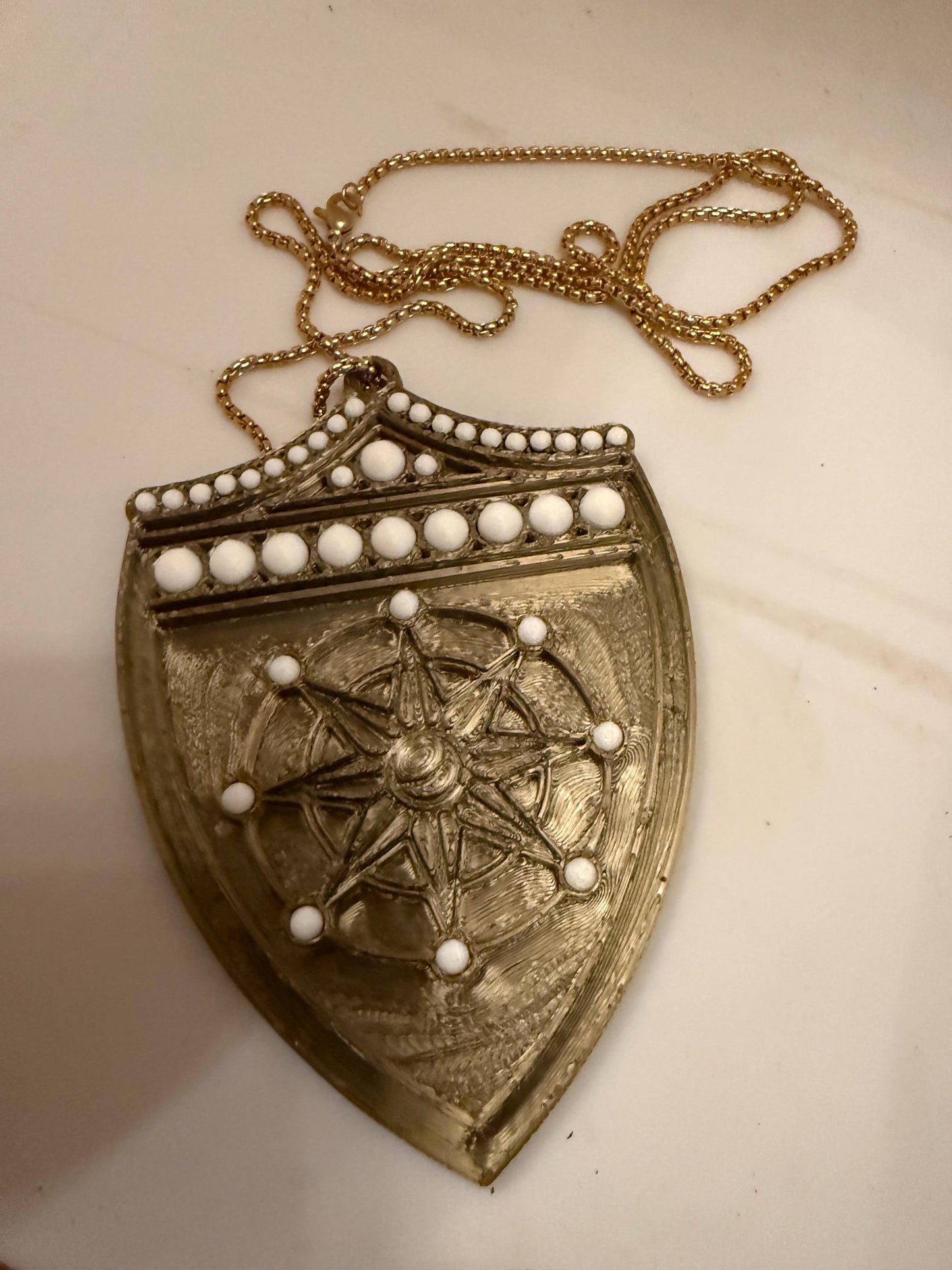 Gold Shield Pendant Necklace | Medieval Armour, Pearl Accents- 3D printed