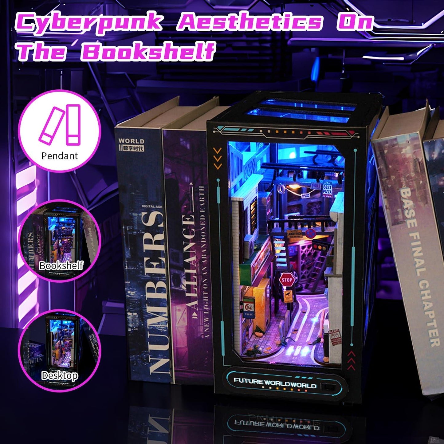 Cyberpunk book nook kit | DIY cyber world bookshelf with led | shelf ornament