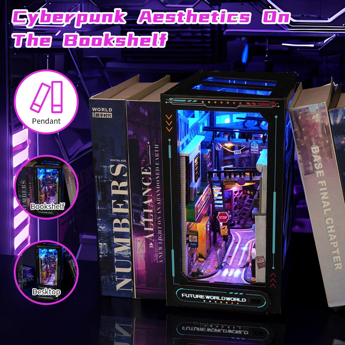Cyberpunk book nook kit | DIY cyber world bookshelf with led | shelf ornament