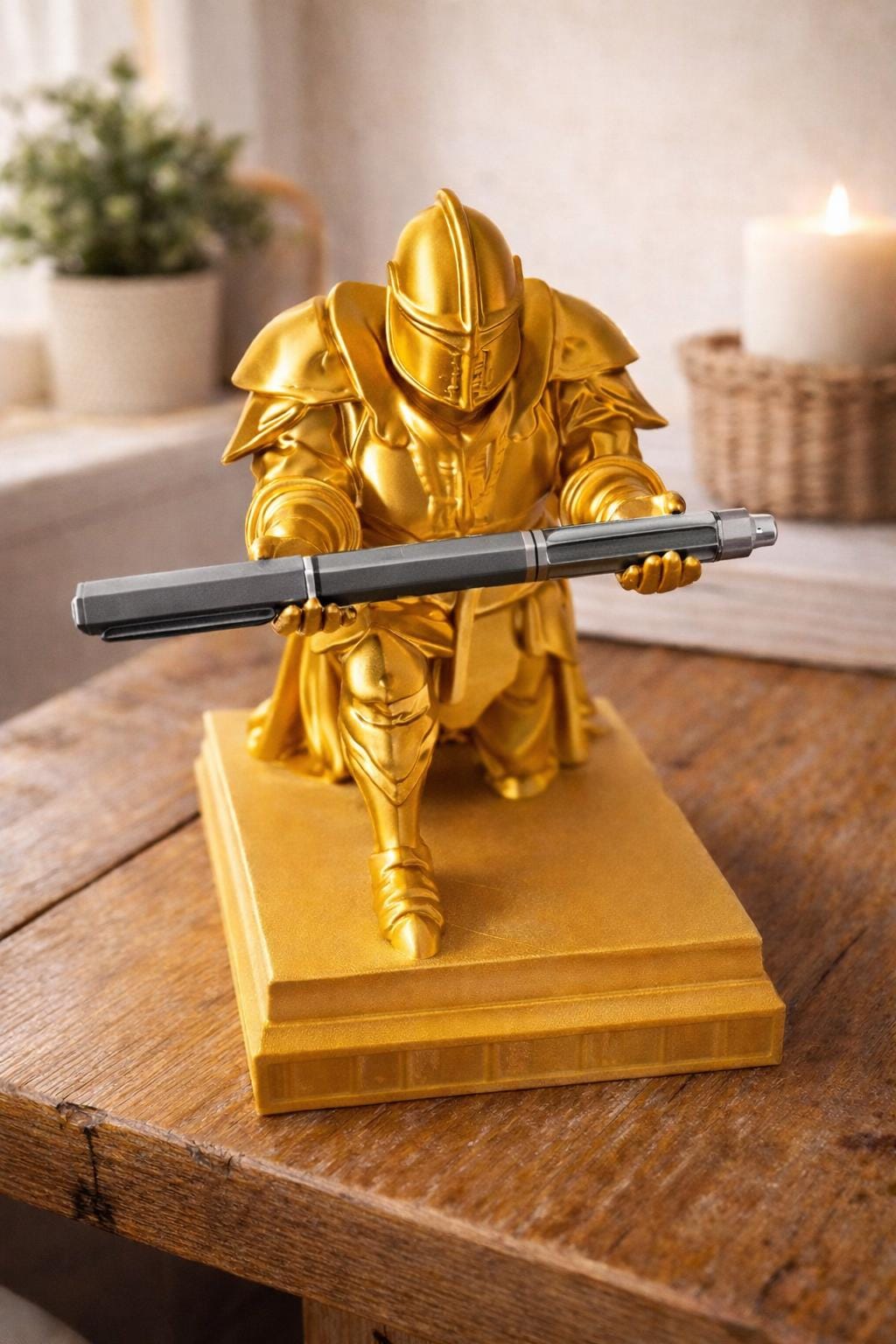 3D Printed Knight Pen Holder | Golden Medieval Desk Decor