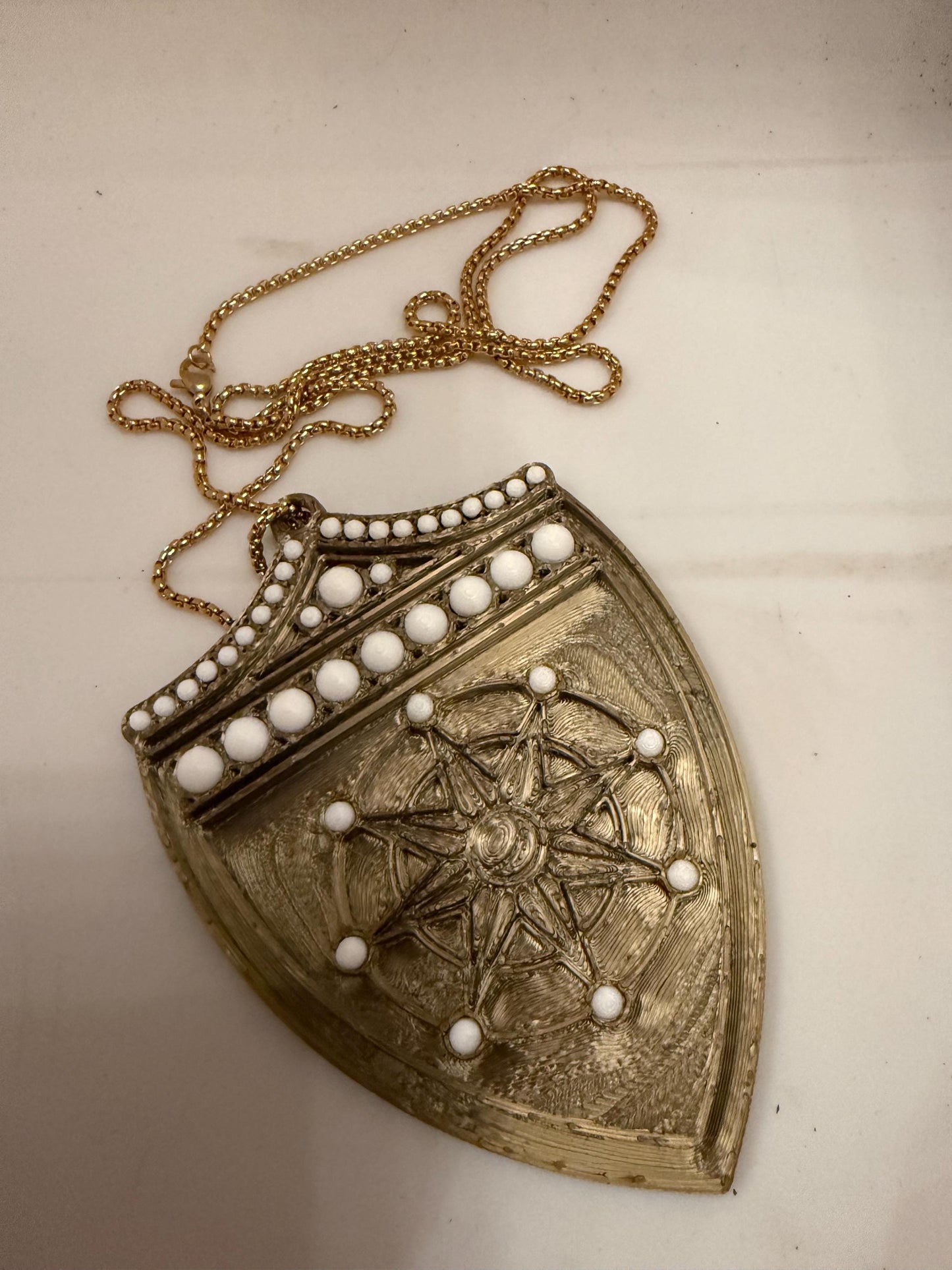 Gold Shield Pendant Necklace | Medieval Armour, Pearl Accents- 3D printed