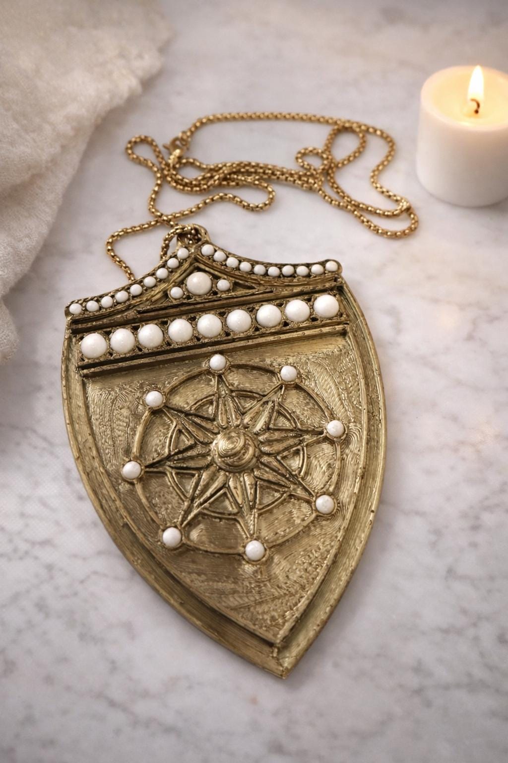 Gold Shield Pendant Necklace | Medieval Armour, Pearl Accents- 3D printed