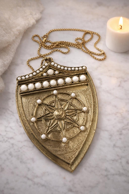 Gold Shield Pendant Necklace | Medieval Armour, Pearl Accents- 3D printed