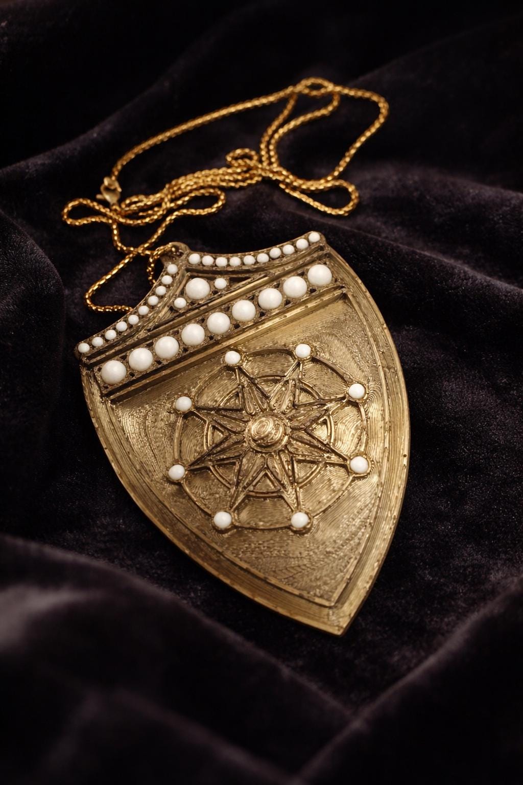 Gold Shield Pendant Necklace | Medieval Armour, Pearl Accents- 3D printed