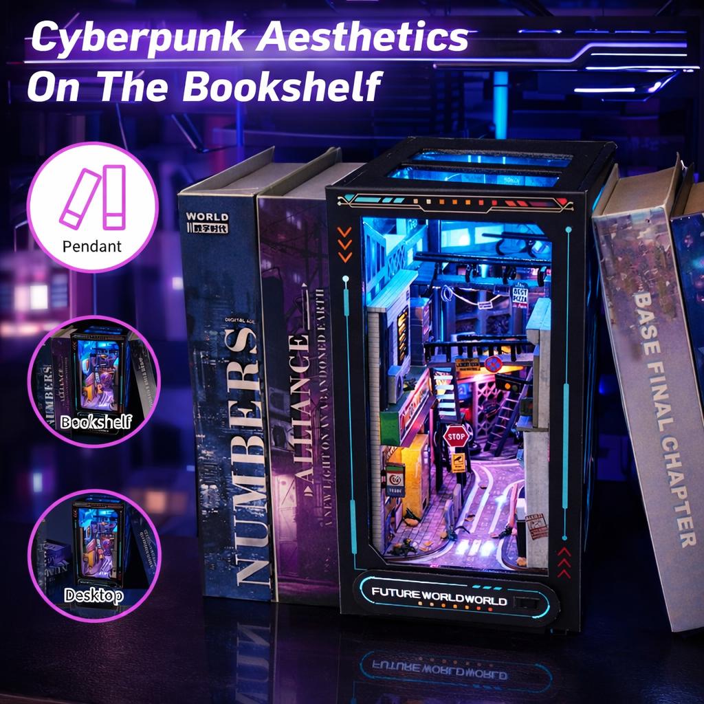 Cyberpunk book nook kit | DIY cyber world bookshelf with led | shelf ornament