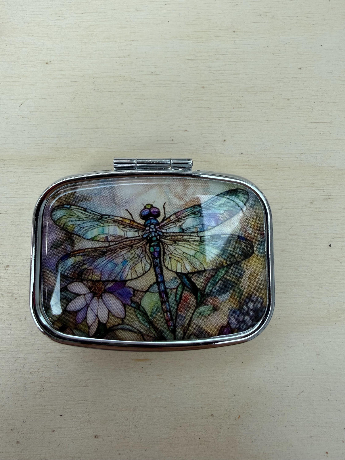 Dragonfly Pill Box with Mirror, Two Sections, Handbag Organizer
