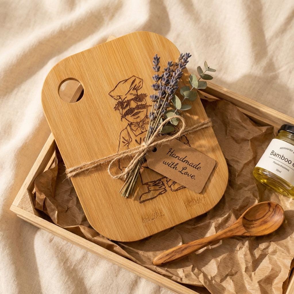 Chef Character Bamboo Cutting Board | Compact, Sustainable Kitchen Gift 20cm x 15cm